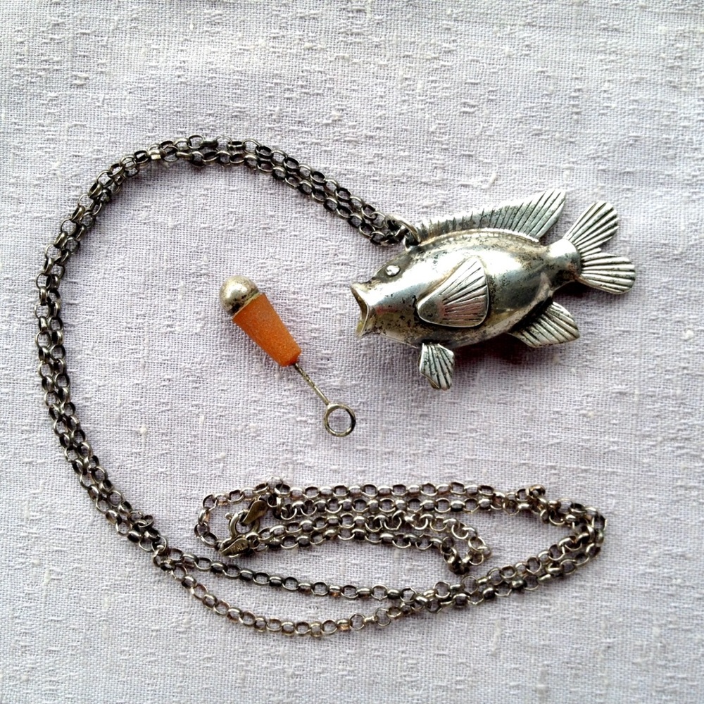 Vintage Silver Fish Pendant Vial REO Sterling Necklace Eighties